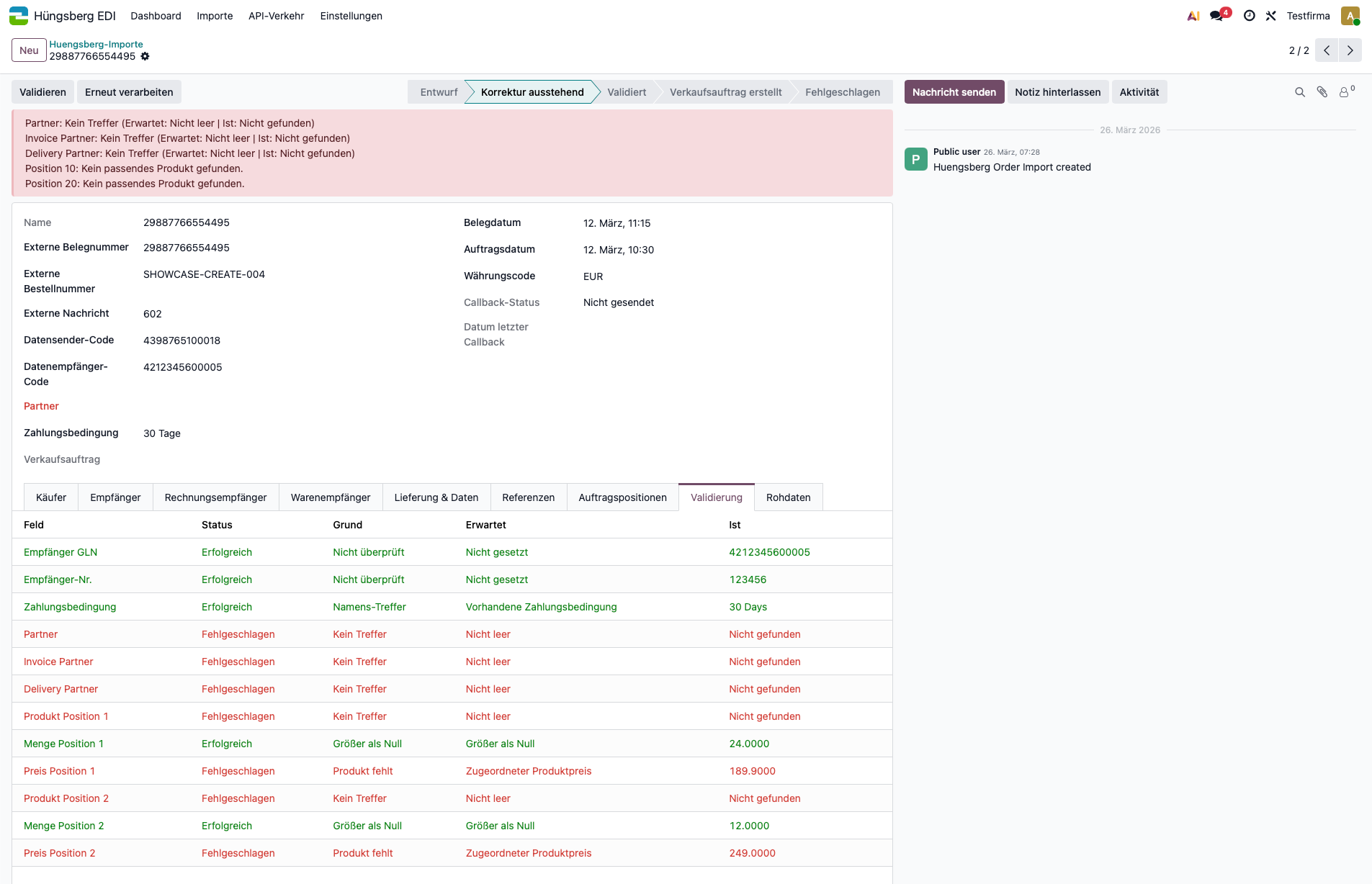 Fehleransicht im Import