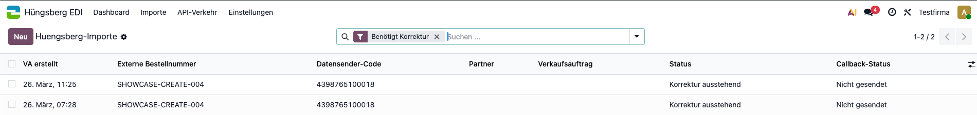 Importliste mit Filtern